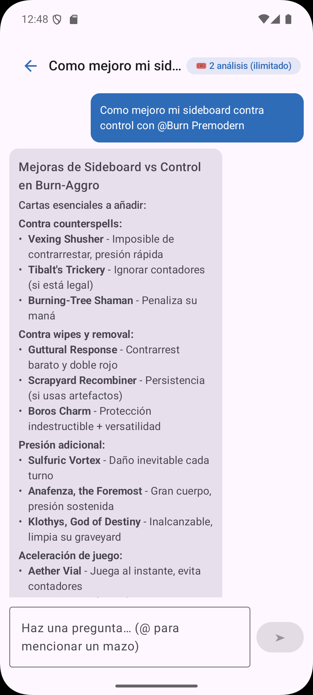 MTG Brain mostrando un análisis de sideboard contra control